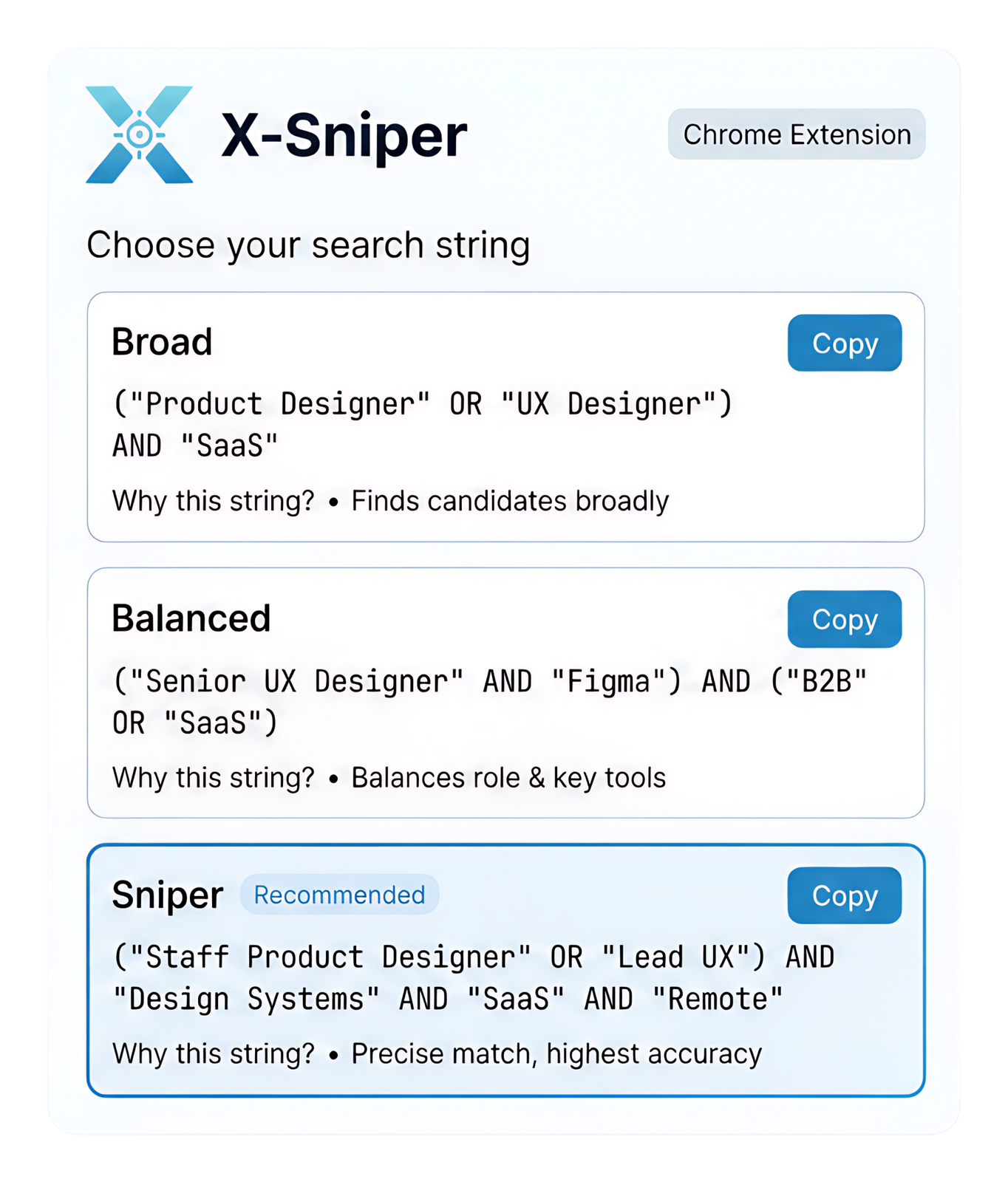 X-Sniper Chrome extension showing Broad, Balanced, and Sniper Boolean search strings with explanations